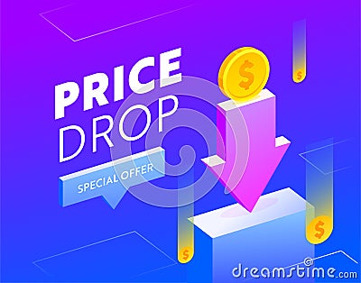 Price Drop Sale Advertising Banner with Typography. Blue Background Design with Coins and Arrow for Shopping Discount Vector Illustration