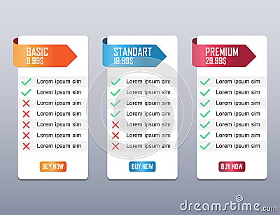 Price list, hosting plans and web boxes banners design Vector Illustration