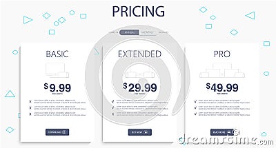 Price list, hosting plans and web boxes banners design. three tariffs. Vector Illustration