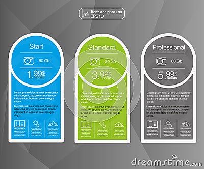 Price list, three tariffs. Set tariffs. Interface for the site. Stock Photo