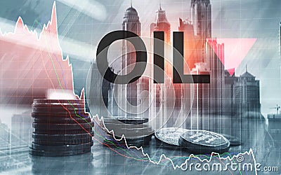 Price oil down. Oil barrels and a financial chart on abstract business background. Barrel arrow down. Oil trend down. Stock Photo