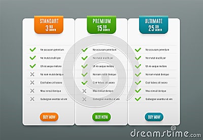 Price plans. Comparison infographic tab with 3 columns. Web table with product prices vector infographics template Vector Illustration