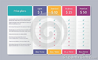 Price table comparison template with 4 columns. Vector illustration Vector Illustration