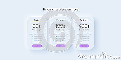 Price table concept in realistic neuromorphism vector design. Pricing or subscription plan ui web elements. Website marketing or Vector Illustration