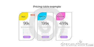 Price table concept in realistic neuromorphism vector design. Pricing or subscription plan ui web elements. Website marketing or Vector Illustration