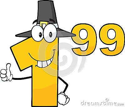 Price Tag Number 1.99 With Pilgrim Hat Cartoon Character Giving A Thumb Up Vector Illustration