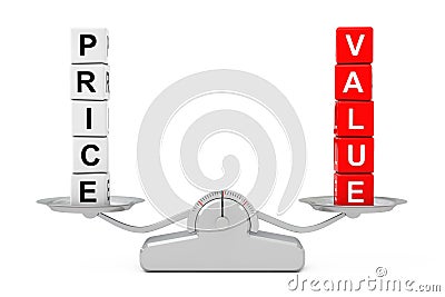 Price and Value Cube Blocks over Simple Balance Scale. 3d Rendering Stock Photo