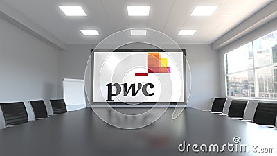 PricewaterhouseCoopers PwC logo on the screen in a meeting room. Editorial 3D rendering Editorial Stock Photo