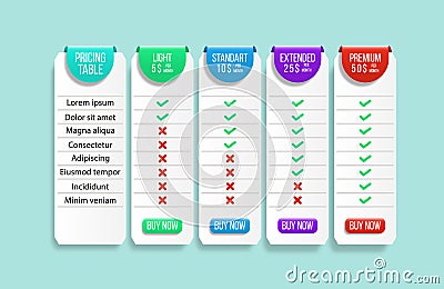 Pricing comparison table. Vector Illustration