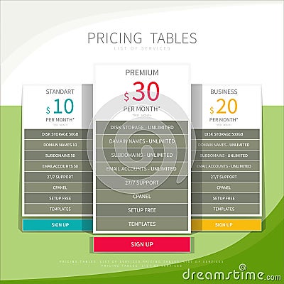 Pricing comparison table set for commercial business web service Vector Illustration