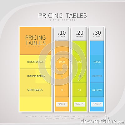 Pricing comparison table set for commercial business web service Cartoon Illustration