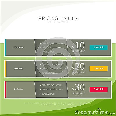 Pricing comparison table set for commercial business web service Vector Illustration