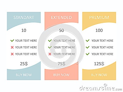 Pricing plan banners infographic. Three tariffs interface for site and presentation. Vector Illustration