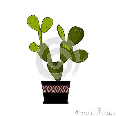 Prickly pear cactus in pot, traditional Mexican plant. Cactus flat vector illustration on white. Home flower in pot Vector Illustration