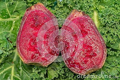 Prickly Pear fruit interior cross section closeup on green kale Stock Photo