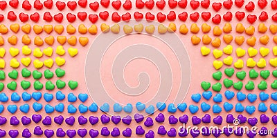 Pride banner with rainbow colored hearts on a pink background and copy space for LGBTQIA+ Pride month and love diversity Cartoon Illustration