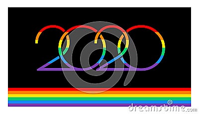 Pride 2020 concept - rainbow 2020 numbers logo and rainbow flag. Vector illustration for Pride parades and events in 2020 - black Vector Illustration