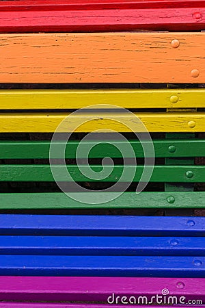 Pride Day Concept. Wood From A Bench Painted In Rainbow Colors Stock