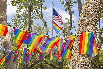 The American flag flies high above the banner of the gay pride flag Stock Photo