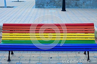 Pride flag painted in a public bench Stock Photo