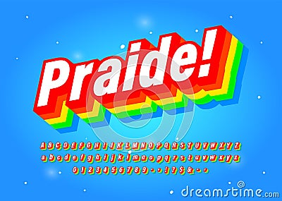 Pride Font Six Colour Rainbow Typeface Intended To Celebrate Diversity. Retro 3D Alpahabet. Vector Vector Illustration