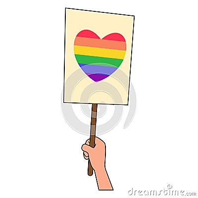 Pride LGBT symbols. Hand holds poster with heart in rainbow colors. Supporting love freedom. Vector Illustration