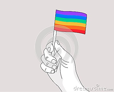 Pride month gay pride symbol - drawing hand waiving a rainbow flag - vector line art illustration for Pride celebration Vector Illustration