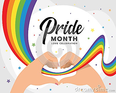 Pride month, love celebration with Hands In A Heart Shape and colorflu rainbow ribbon around vector design Vector Illustration