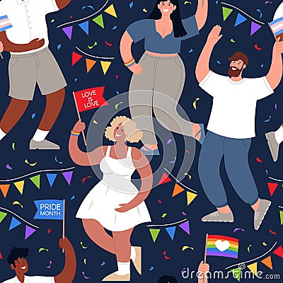 PRIDE MONTH seamless pattern. People from different ethnic backgrounds hold rainbow flags. Vector Illustration