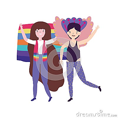 Pride parade lgbt community, gay with costume and woman with flag Vector Illustration