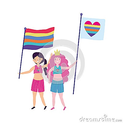 Pride parade lgbt community, happy girls with crown flag heart love celebration Vector Illustration