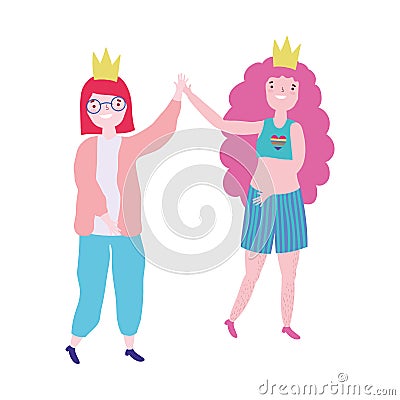 Pride parade lgbt community, happy girls holding hands celebrating Vector Illustration