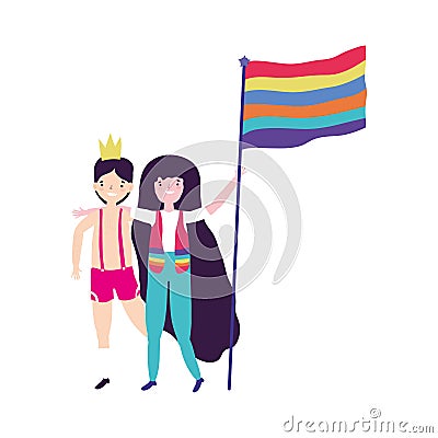 Pride parade lgbt community, man and woman with crown and flag Vector Illustration