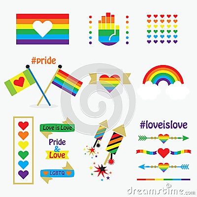 Pride rainbow flags, icons, emblems, dividers, and design elements set on white Vector Illustration