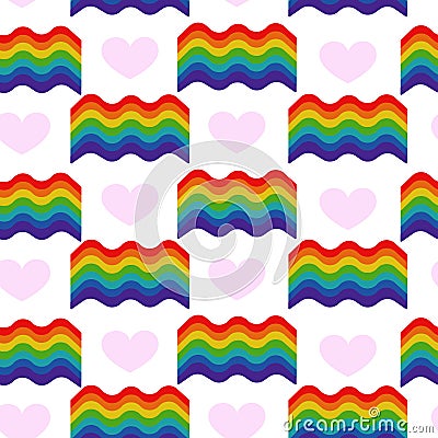 Pride seamless pattern, rainbow flag and pink hearts on white background Vector Illustration