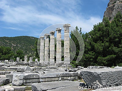 Priene Ancient city. Ruins of the Temple of Athena Polias Stock Photo