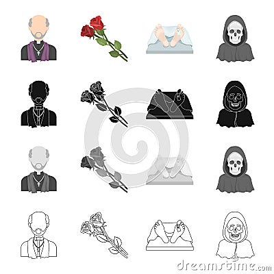 A priest, flowers for a funeral, a deceased person, an image of death. Funeral ceremony set collection icons in cartoon Vector Illustration
