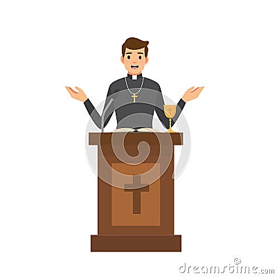 Priest giving speech from tribune.Catholic preacher character isolated on white background. Vector Illustration