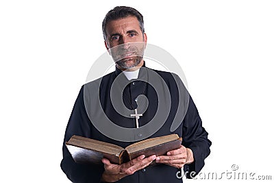 Priest portrait with Holy Bible in hands Stock Photo