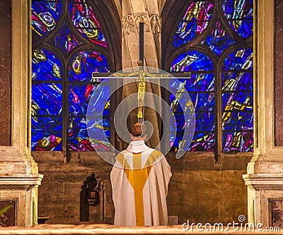 Priest Praying Crucifix Stained Glass Saint Severin Church Paris France Editorial Stock Photo