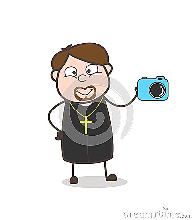 Priest Salesman Showing a Camera Gadget Vector Illustration Stock Photo