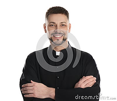 Priest wearing cassock with clerical collar on white background Stock Photo