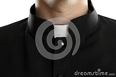 Priest wearing cassock with clerical collar on white background, closeup Stock Photo