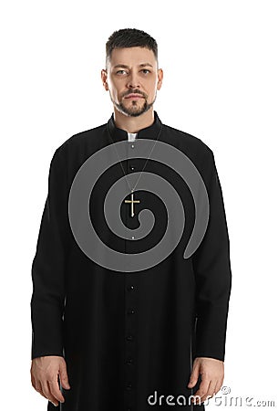 Priest wearing cassock with clerical collar on white background Stock Photo