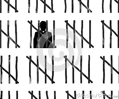 A priest in a white collar is seen behind bars with lines counting the days Stock Photo