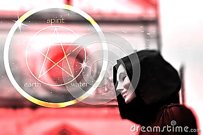 Priest of white magic, sorcerer with magical mask occult Masonic Lodge and Pentagram icon Stock Photo