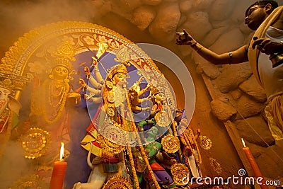 Priest worshipping Goddess Durga, Durga Puja festival celebration Editorial Stock Photo
