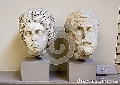 Priestess and Priest sculpture heads, Archaeological Museum Ephesus Editorial Stock Photo