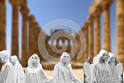 Priestess of red magic, sorcerers with magical mask occult Masonic Lodge, temple background Stock Photo