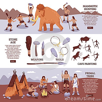 Primal Tribe People Banners Set Vector Illustration